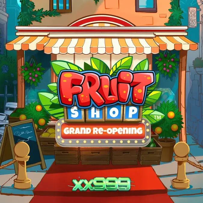 Fruit Shop Grand Re-Opening স্লটের রঙিন ইন্টারফেস এবং ফলের প্রতীকসমূহ